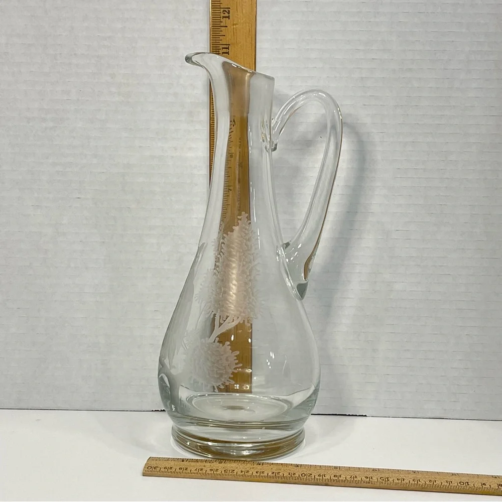 Etched Clear Glass Long Neck Bar Carafe 11” Owl Tree Branch Elegant Barware